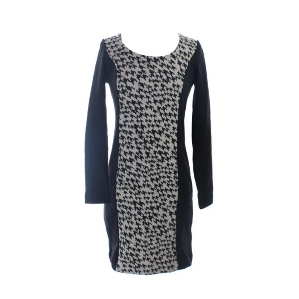 Kensie Black & Tan Houndstooth Long-sleeve Bodycon Shift Dress